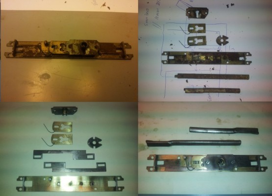 Restaurering af låsetøj. Billede 1 findes øverst til højre.  Billede 1-2 er før restaurering. Billede 3-4 (nederst) er delene klargjort til at blive samlet og vises dernæst i samlet stand